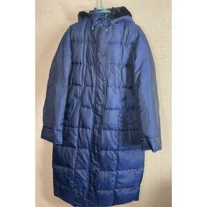 SM2 Womens‎ Size M To L Navy Blue Down Hooded Puffer Long Coat Faux Fur Trim